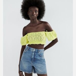Zara Crop Top Women Small Off The Shoulder Open Knit Yellow Festival Coachella